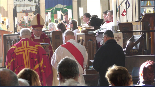  b-Brian is presented toThe Bishop by Fr Hugh Bowron and Vicar's Warden Tubby Hopkins.jpg 